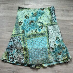 Elementz Y2K Boho Patchwork Green And Blue Ruffle Hem Skirt Women's XL‎